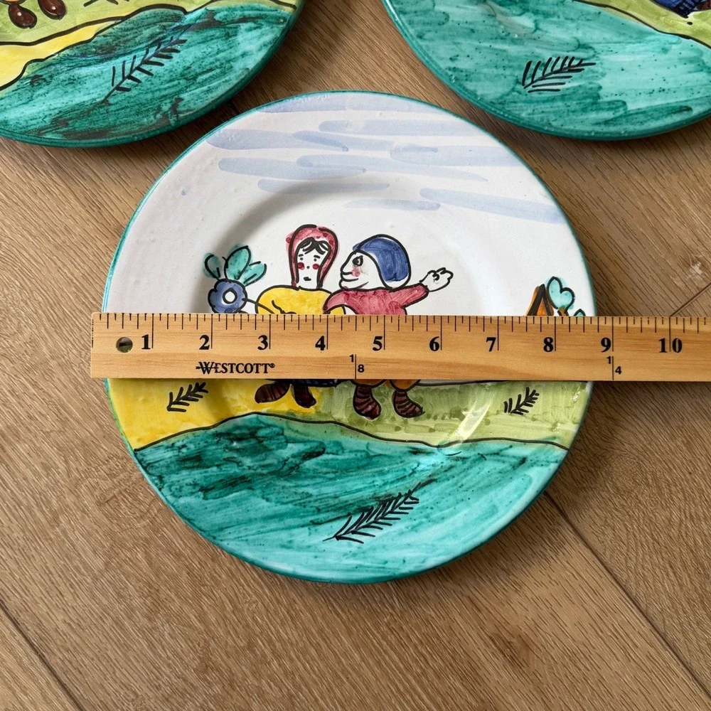 Set of 3 Vintage Italian Hand Painted Folk Art Ceramic Plates Italy Signed 8.25
